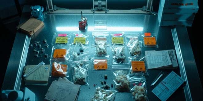 Evidence bags with seized substances and folders on steel forensic table under clinical lighting