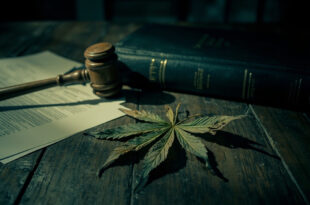 Dried cannabis leaf next to closed law book and scattered documents on dark wooden desk