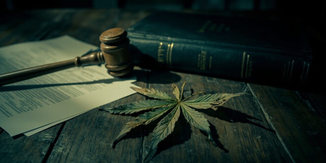 Dried cannabis leaf next to closed law book and scattered documents on dark wooden desk