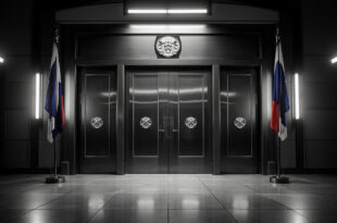 Closed diplomatic doors with flags and empty corridor in modern government building