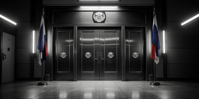 Closed diplomatic doors with flags and empty corridor in modern government building