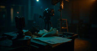 Empty television studio with microphone and papers on desk under dramatic lighting
