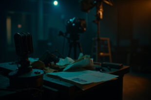 Empty television studio with microphone and papers on desk under dramatic lighting