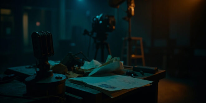 Empty television studio with microphone and papers on desk under dramatic lighting