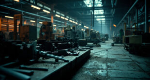 Vacant industrial workspace with machinery and equipment in shadowed factory hall.