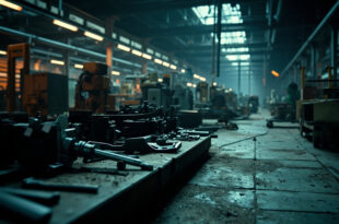 Vacant industrial workspace with machinery and equipment in shadowed factory hall.
