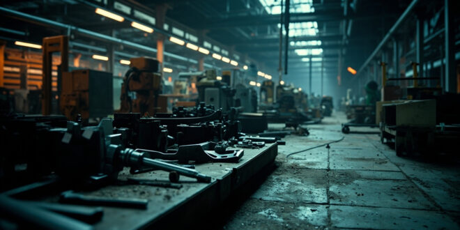Vacant industrial workspace with machinery and equipment in shadowed factory hall.