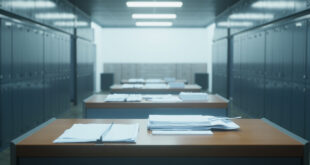 Empty government office desk with stacks of official documents and filing cabinets in background