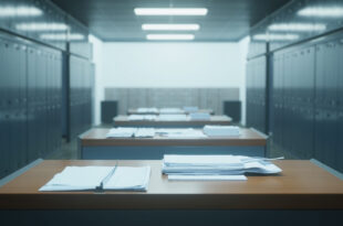 Empty government office desk with stacks of official documents and filing cabinets in background