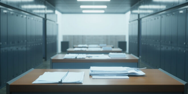 Empty government office desk with stacks of official documents and filing cabinets in background