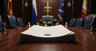Official diplomatic documents with government seals arranged on dark wooden conference table.