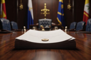 Official diplomatic documents with government seals arranged on dark wooden conference table.