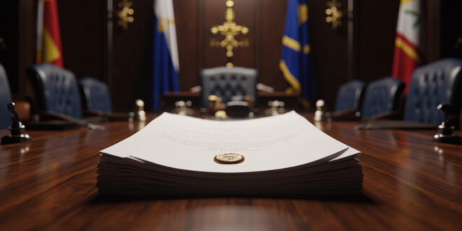 Official diplomatic documents with government seals arranged on dark wooden conference table.