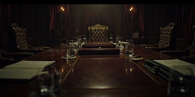 Empty diplomatic meeting room with wooden conference table, scattered papers, and formal chairs in dim lighting.