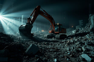 Bulldozer excavating through concrete rubble in dark urban destruction zone with harsh artificial lighting