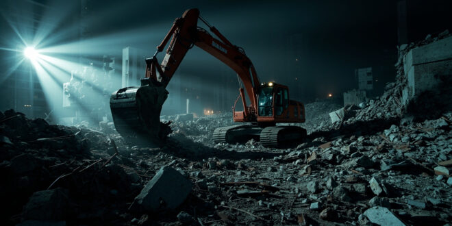 Bulldozer excavating through concrete rubble in dark urban destruction zone with harsh artificial lighting