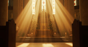 Empty church altar decorated with white flowers and candles in warm golden light.