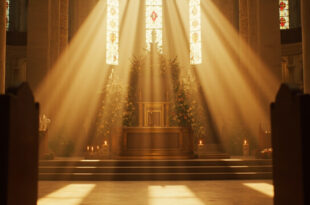 Empty church altar decorated with white flowers and candles in warm golden light.