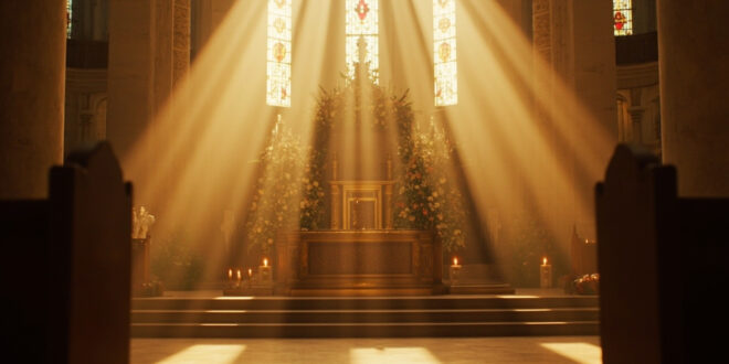 Empty church altar decorated with white flowers and candles in warm golden light.