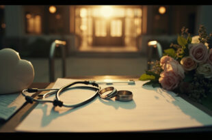 Wedding rings on medical clipboard next to heart sculpture outside hospital entrance with bouquet