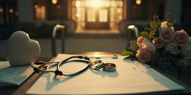 Wedding rings on medical clipboard next to heart sculpture outside hospital entrance with bouquet