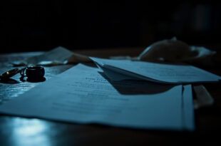 Divorce papers scattered on dark wooden desk with wedding rings and legal stamps in dramatic lighting