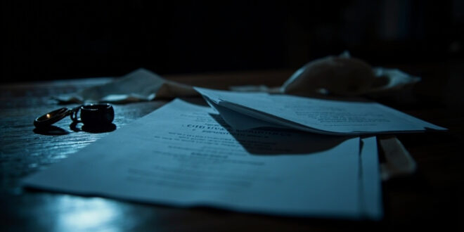 Divorce papers scattered on dark wooden desk with wedding rings and legal stamps in dramatic lighting