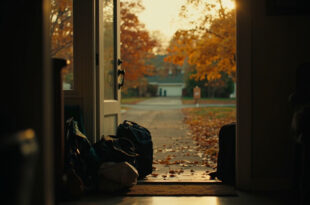 Two school backpacks and luggage beside a wooden front door in autumn setting