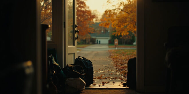 Two school backpacks and luggage beside a wooden front door in autumn setting