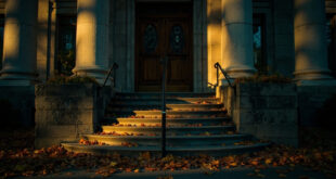 Stone courthouse entrance with autumn leaves scattered on empty steps during golden hour lighting