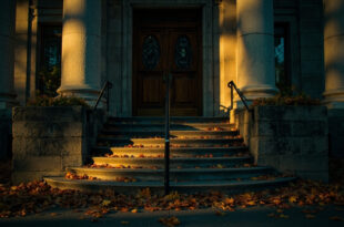 Stone courthouse entrance with autumn leaves scattered on empty steps during golden hour lighting