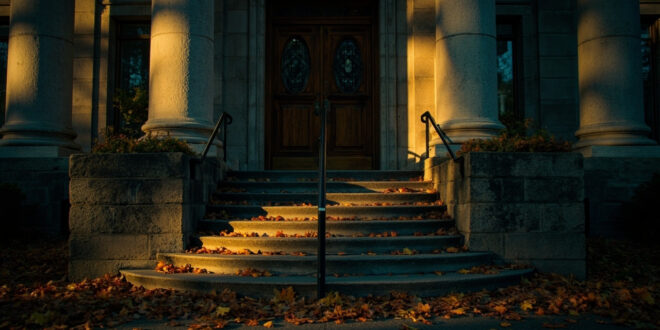 Stone courthouse entrance with autumn leaves scattered on empty steps during golden hour lighting