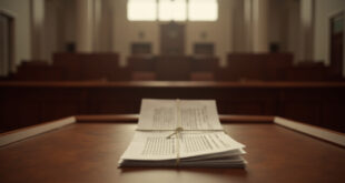 Stack of legal documents on wooden courthouse bench with empty chairs in background.