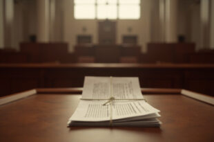 Stack of legal documents on wooden courthouse bench with empty chairs in background.
