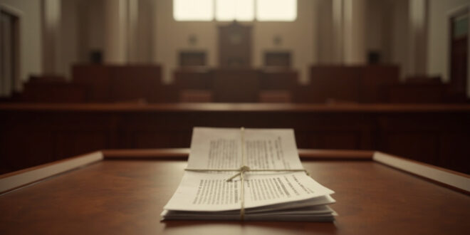 Stack of legal documents on wooden courthouse bench with empty chairs in background.