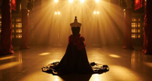 Black satin gown with camellia flowers on mannequin stand on empty runway under dramatic stage lighting