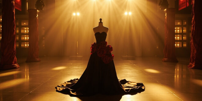 Black satin gown with camellia flowers on mannequin stand on empty runway under dramatic stage lighting