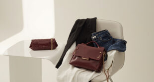 Burgundy leather handbag with gold chain beside white fabric and blazer on neutral minimalist background