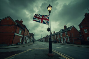 Union jack flag on lamp-post with mounting brackets against overcast sky and brick buildings