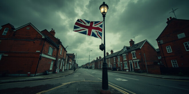 Union jack flag on lamp-post with mounting brackets against overcast sky and brick buildings