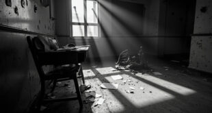 Overturned metal chair and scattered papers on worn classroom floor under harsh fluorescent lights
