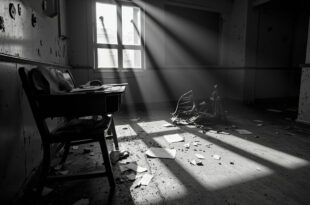 Overturned metal chair and scattered papers on worn classroom floor under harsh fluorescent lights