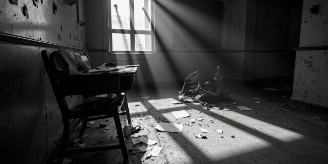 Overturned metal chair and scattered papers on worn classroom floor under harsh fluorescent lights
