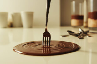 Silver fork piercing smooth chocolate pudding in white cup, creating concentric ripples on surface