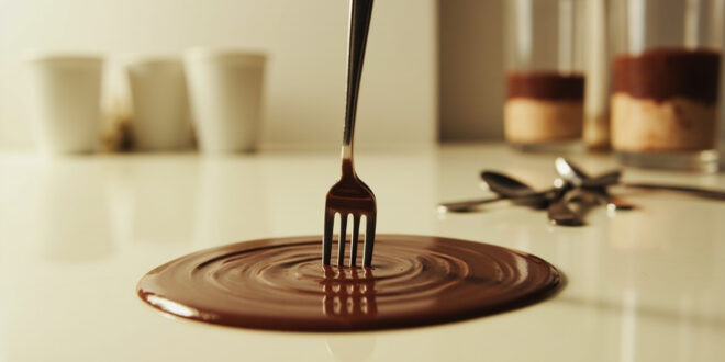 Silver fork piercing smooth chocolate pudding in white cup, creating concentric ripples on surface