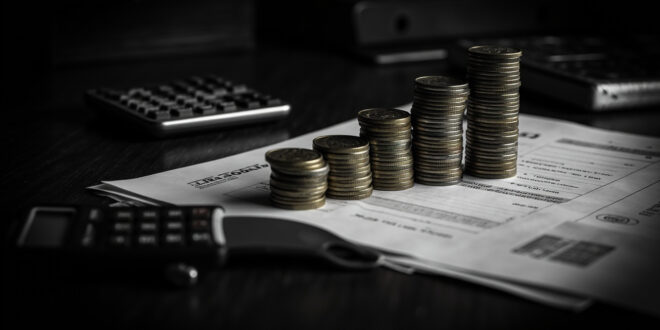 Euro coins stacked in ascending towers next to insurance documents and calculator on dark desk surface