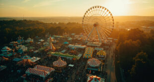 Ferris wheel dominates overcrowded Oktoberfest grounds with dense pathways between traditional beer tents