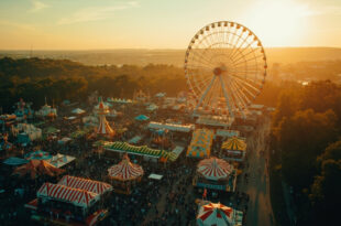 Ferris wheel dominates overcrowded Oktoberfest grounds with dense pathways between traditional beer tents