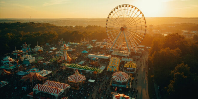 Ferris wheel dominates overcrowded Oktoberfest grounds with dense pathways between traditional beer tents