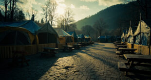 Empty wooden beer tables and benches sit abandoned in front of closed traditional Bavarian festival tents